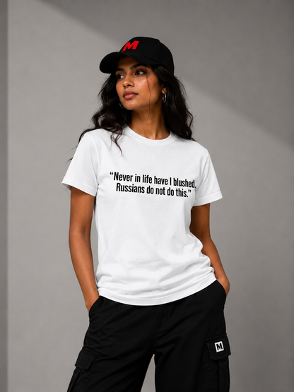 "Never Blushed" — Deadpan Quote Supima Tee